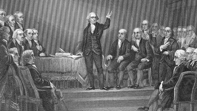 George Washington presides over the Constitutional Convention, Philadelphia, Pennsylvania, May 25 - September 17, 1787. (Philadelphia Convention)