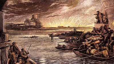 Great Fire of London, 1666 (c1865). Boats full of citizens who have escaped cross the Thames while others look back to Old St Pauls and the blazing city from the safety of the South Bank. (LtoR) Charles I, Oliver Cromwell, Lord Protector and Charles II.