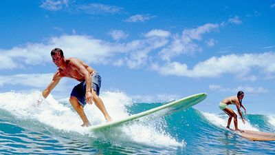 Surfers balance on surfboards as they ride a breaking wave.