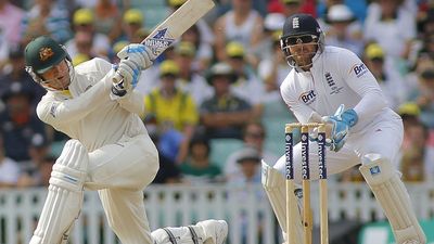 Michael Clarke plays a shot as Matt Prior looks on during the Investec Ashes cricket match between England and Australia played at The Kia Oval Cricket