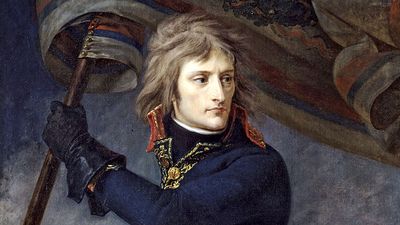 Napoleon Bonaparte. General Bonaparte on the bridge at Arcole, 17 November, 1796, by Antoine-Jean Gros, Musee National, Chateau de Versailles. The first emblematic image of the Napoleonic myth. Napoleon I