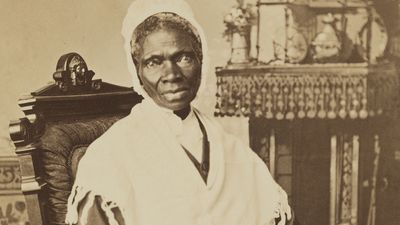 Sojourner Truth, c. 1870, photograph by Randall Studio. To earn a living, Truth sold her autobiography and portraits like this one. Here, her inscription, "I Sell the Shadow to Support the Substance," emphasizes her financial acumen.