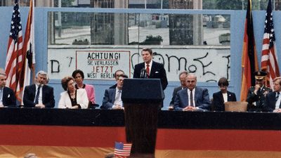 President Ronald Reagan deliving his famous speech that challenged the Soviet Union to tear down the Berlin Wall, at the Brandenburg Gate in West Berlin, June 12, 1987.