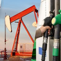 Tanker truck, crude oil pumpjack, retail gas pump.