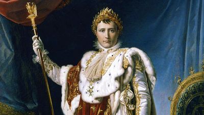 Napoleon Bonaparte. Napoleon in Coronation Robes or Napoleon I Emperor of France, 1804 by Baron Francois Gerard or Baron Francois-Pascal-Simon Gerard, from the Musee National, Chateau de Versailles.