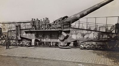 Long range cannon firing at Amiens (France) captured by the British in August 1918; photograph (gelatin-silver print) by Godefroy Menanteau, photo dated between 1918-1919. (Amiens gun, Battle of Amiens, World War I, World War One)