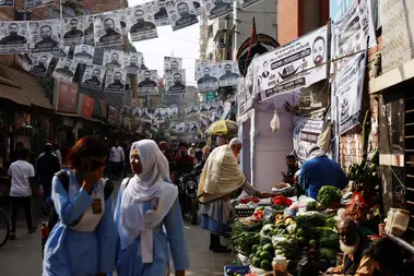 Election posters hanging above a street in Dhaka, Bangladesh, January 2024