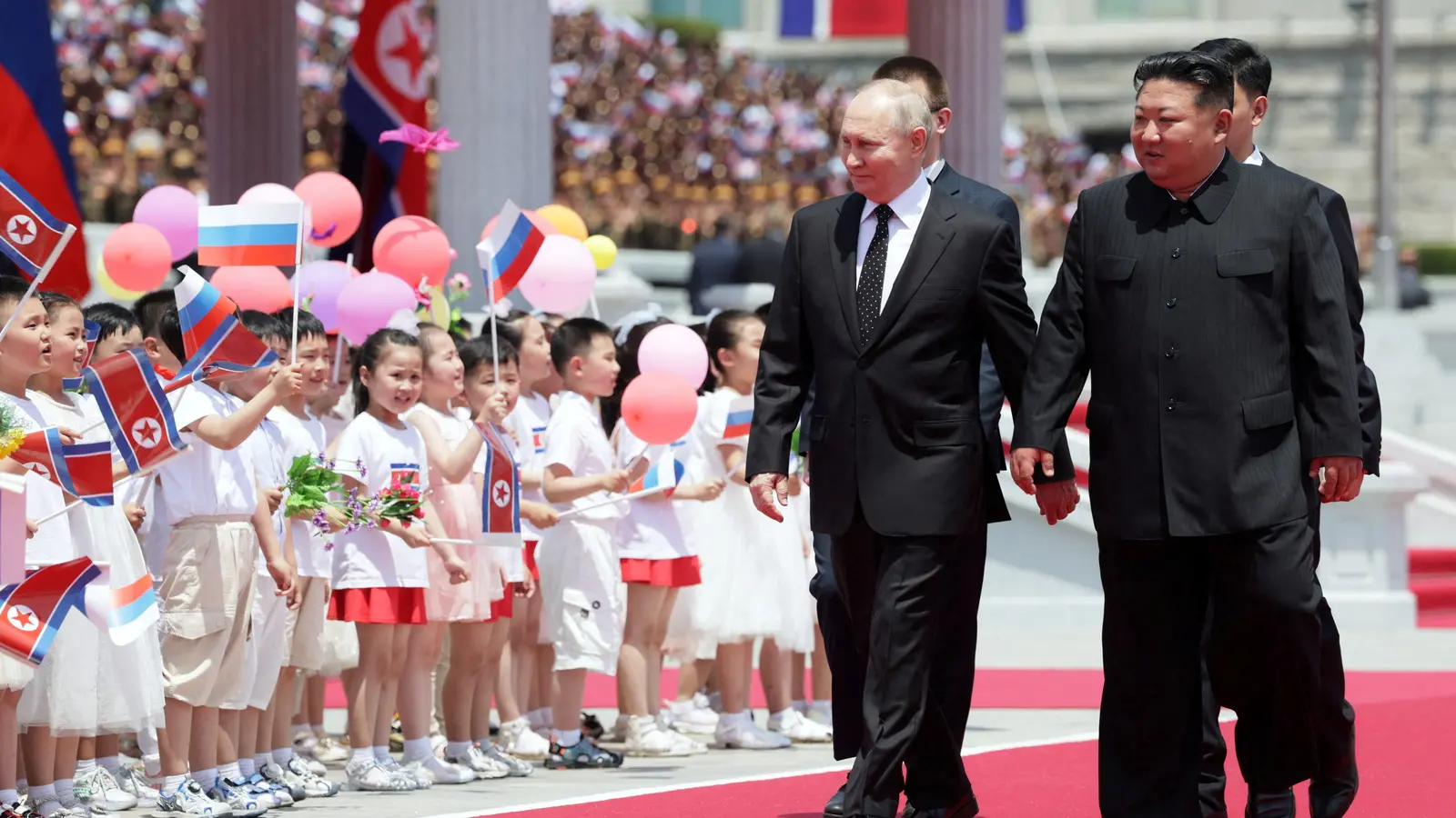 Russian President Vladimir Putin and North Korean leader Kim Jong Un meet in Pyongyang.