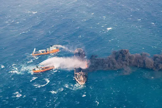 Rescue crews attempt to extinguish the fire on the Sanchi oil taker in the East China Sea.  