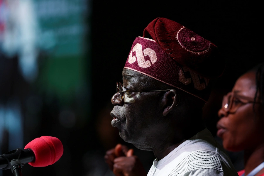 Nigerian President Bola Tinubu speaks at the National Collation Centre in Abuja, Nigeria on March 1, 2023.