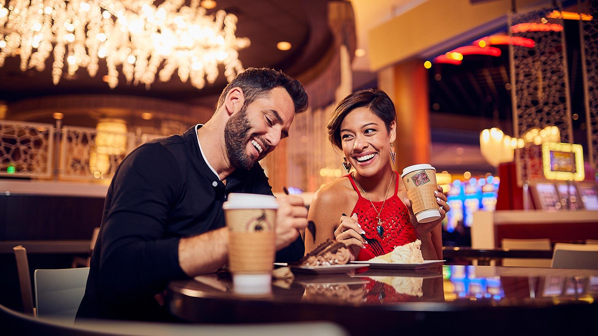 people enjoying desert and coffee