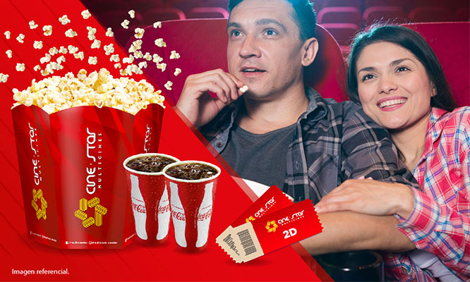 CINESTAR nivel nacional. 2 Entradas 2D + Pop Corn Gigante con REFILL + 2 bebidas medianas