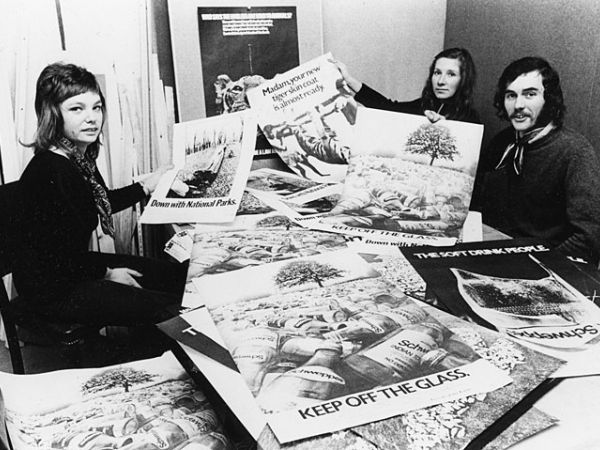 Anfel Potter (centre) and colleagues display early Friends of Earth campaigning materials, 1971.