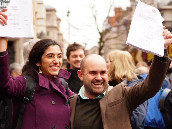 Our lawyers Katie and Will outside Court after Heathrow