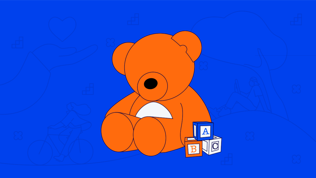 Teddy bear illustration next to three letter blocks