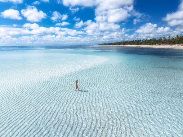 Aerial view of alone young woman on the sandbank in ocean