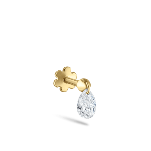 Floating Pear Diamond Charm Threaded Stud Earring Yellow Gold 4mm