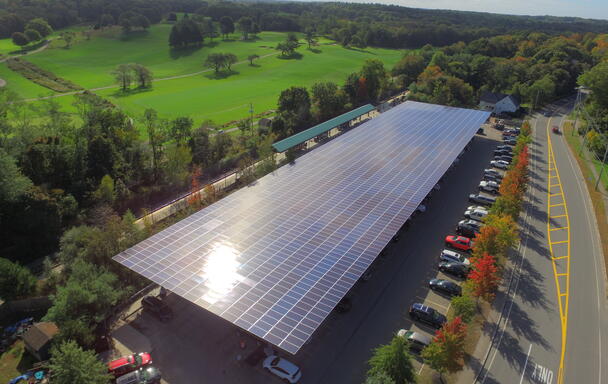 Aerial view of the T's solar canopy covering a parking lot in West Hingham. 