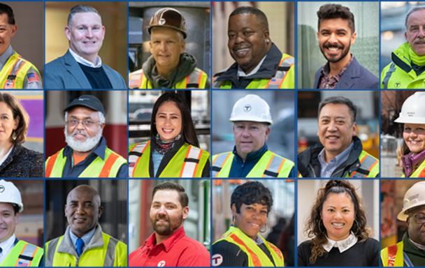 Collage of various MBTA staff in their work uniforms 