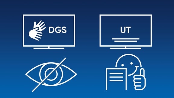 Logos für Barrierefreiheit: Audiodeskription, Untertitelung, Gebärdensprache, Leichte Sprache 