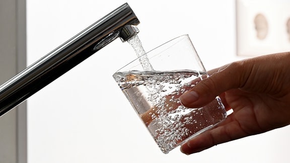 Eine Hand hält ein Glas unter einen laufenden Wasserhahn.