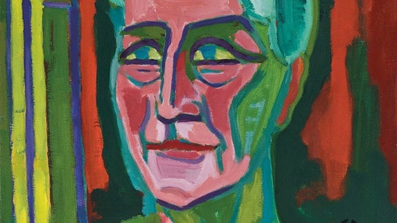 Gemälde einer Frau im expressionistischen Stil mit flächiger Maltechnik.