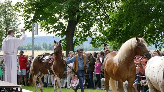 Ein Pfarrer segnet Pferde.