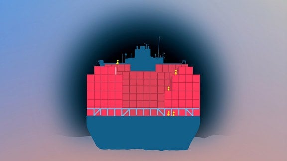 Grafik: Ein vollbeladenes Containerschiff, einzelne gelbe Personen auf roten Containern vor einem dunklen Hintergrund.