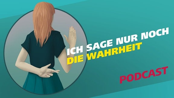 Covergrafik zur Podcast-Folge von "Meine Challenge": Ich sage nur noch die Wahrheit. Die Illustration zeigt eine junge Frau von hinten, die ihre rechte Hand zum Schwur hebt und auf ihrem Rücken zwei Finger der linken Hand kreuzt. Daneben der Schriftzug: Ich sage nur noch die Wahrheit.