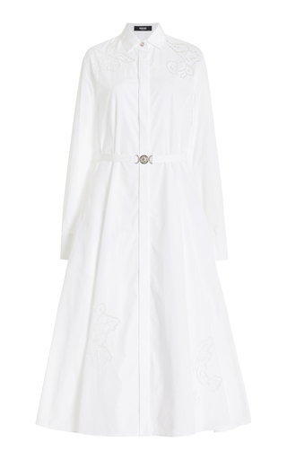 Belted Embroidered Cotton-Poplin Midi Dress