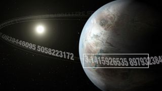 A planet surrounded by the number pi with the first 15 decimal places highlighted