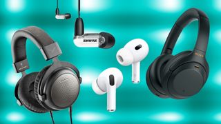 Four pairs of headphones on a teal background