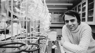 Carl Sagan pictured at Cornell University, Ithaca, New York, in 1974