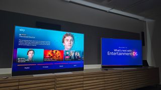 Two Sky Glass TVs on a wooden unit