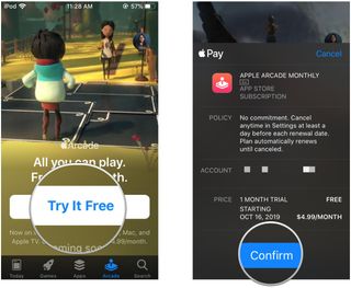 Sign up for Apple Arcade by showing steps: Tap Try It Free to start 1-month trial, then tap Confirm to begin the trial