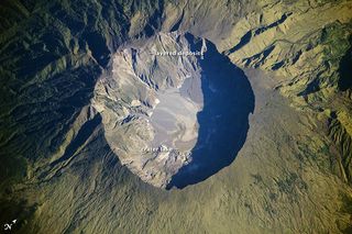 Mount Tambora, which produced one of the largest eruptions in recorded history on April 10, 1815, as seen in an image taken by an astronaut.