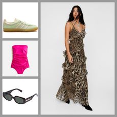 photo collage of nasty gal leopard print dress, adidas green gazelle sneakers, le specs sunglasses, and j.crew ruched one-piece swimsuit