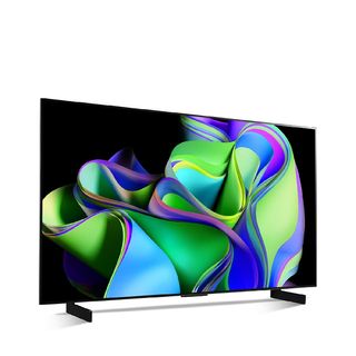 42-inch LG C3 TV with green, purple and blue swirls on the screen