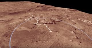 An overhead view of Jezero Crater, the landing site for NASA's 2020 Mars rover. This image is a screengrab from a new animation created using imagery from NASA Mars orbiters.