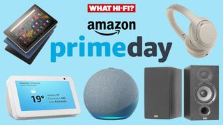 The Amazon Prime Day logo with the What Hi-Fi? logo above it, surrounded by speakers, headphones and tablets on a light blue background.