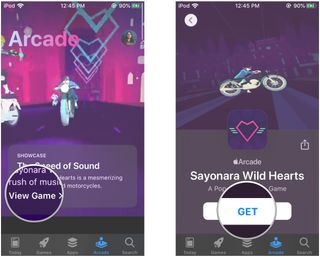 How to select and start playing a game on Apple Arcade on iPhone and iPad by showing steps: Find a game you want to play, then tap Get to download