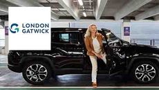 The Gatwick Parking logo over the image of a woman getting out of a car