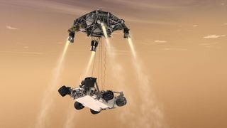 illustration of a robotic sky crane lowering a rover to the martian surface on cables