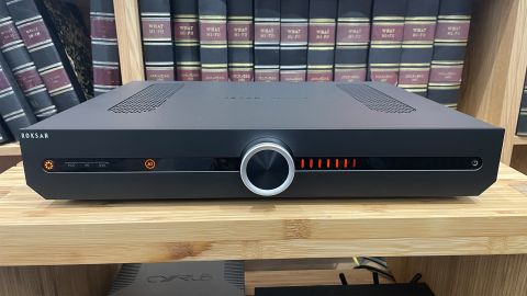 Roksan Atessa Streaming Amplifier in black finish on wooden rack