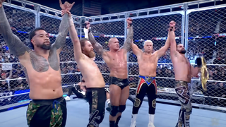 jey uso, sami zayn, randy orton, cody rhodes and seth rollins after winning their match at survivor series 2023