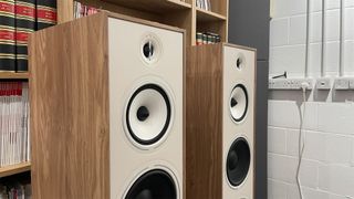 Triangle Borea BR10 floorstanding speakers close up on speaker cabinets showing drive units