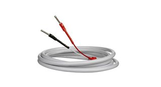 A coiled, terminated speaker cable on a white background
