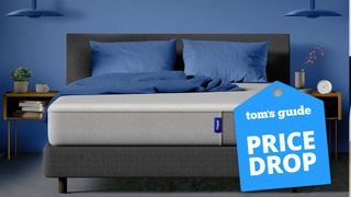 Image shows the Casper mattress in a box unrolled and placed on a grey fabric bed frame in a blue bedroom with a blue price drop sales image overlaid in the bottom right hand corner