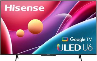 The Hisense U6H TV on a white background. The screen shows circles in varying sizes and colours alongside the Hisense and Google TV logos and the legend 'ULED U6'.