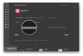 How to cancel Apple Arcade on your Mac by showing steps: Tap Cancel Free Trial under Apple Arcade
